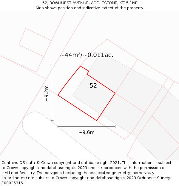 52, ROWHURST AVENUE, ADDLESTONE, KT15 1NF: Plot and title map