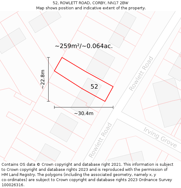 52, ROWLETT ROAD, CORBY, NN17 2BW: Plot and title map