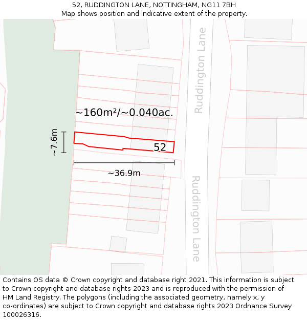 52, RUDDINGTON LANE, NOTTINGHAM, NG11 7BH: Plot and title map