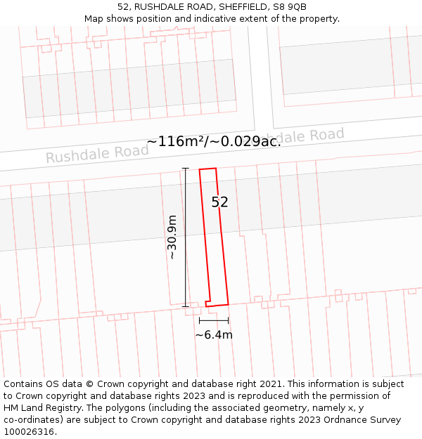 52, RUSHDALE ROAD, SHEFFIELD, S8 9QB: Plot and title map