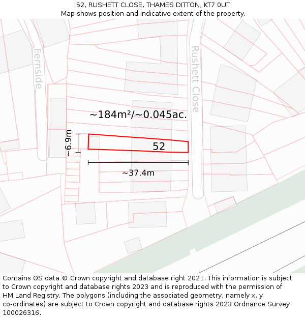 52, RUSHETT CLOSE, THAMES DITTON, KT7 0UT: Plot and title map