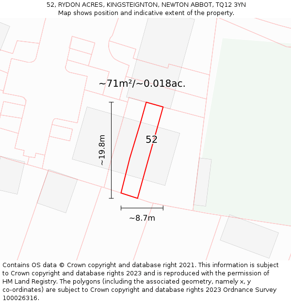 52, RYDON ACRES, KINGSTEIGNTON, NEWTON ABBOT, TQ12 3YN: Plot and title map