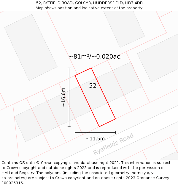 52, RYEFIELD ROAD, GOLCAR, HUDDERSFIELD, HD7 4DB: Plot and title map