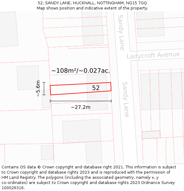 52, SANDY LANE, HUCKNALL, NOTTINGHAM, NG15 7GQ: Plot and title map