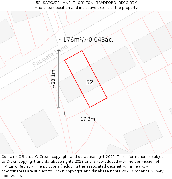52, SAPGATE LANE, THORNTON, BRADFORD, BD13 3DY: Plot and title map