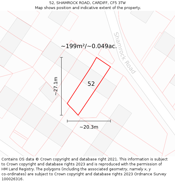 52, SHAMROCK ROAD, CARDIFF, CF5 3TW: Plot and title map
