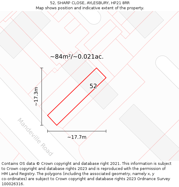 52, SHARP CLOSE, AYLESBURY, HP21 8RR: Plot and title map