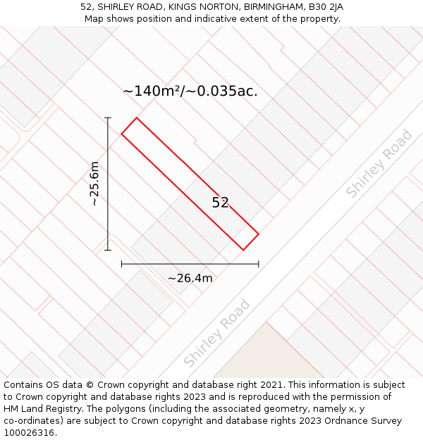 52, SHIRLEY ROAD, KINGS NORTON, BIRMINGHAM, B30 2JA: Plot and title map