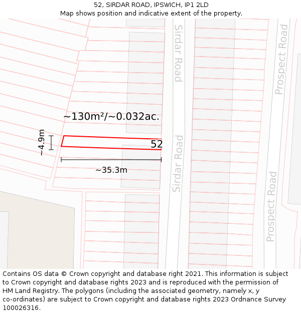 52, SIRDAR ROAD, IPSWICH, IP1 2LD: Plot and title map