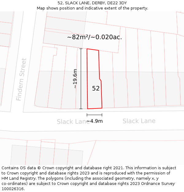 52, SLACK LANE, DERBY, DE22 3DY: Plot and title map