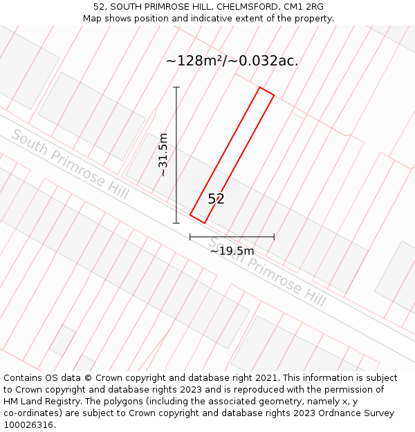 52, SOUTH PRIMROSE HILL, CHELMSFORD, CM1 2RG: Plot and title map