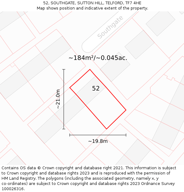 52, SOUTHGATE, SUTTON HILL, TELFORD, TF7 4HE: Plot and title map