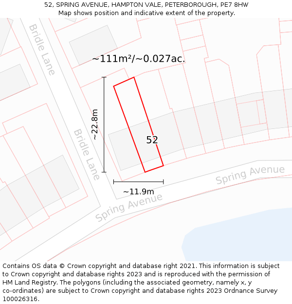 52, SPRING AVENUE, HAMPTON VALE, PETERBOROUGH, PE7 8HW: Plot and title map