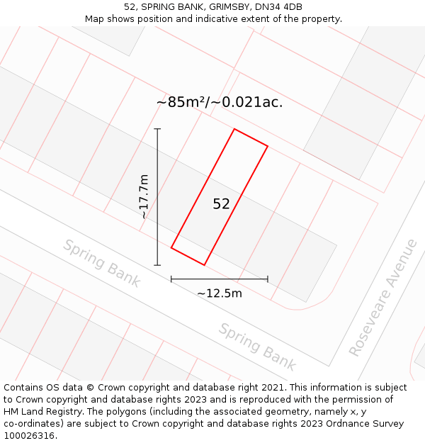 52, SPRING BANK, GRIMSBY, DN34 4DB: Plot and title map