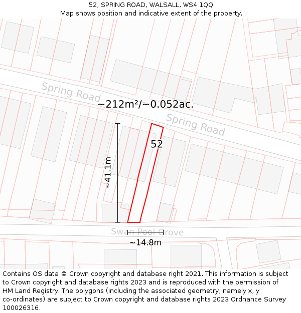 52, SPRING ROAD, WALSALL, WS4 1QQ: Plot and title map