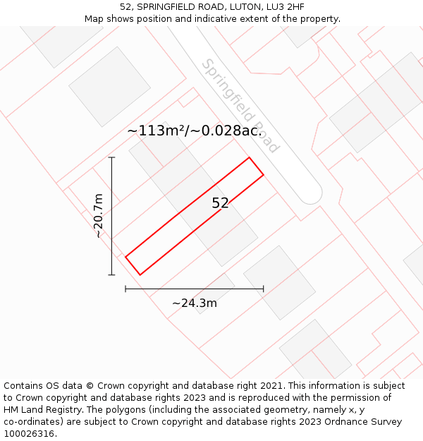 52, SPRINGFIELD ROAD, LUTON, LU3 2HF: Plot and title map