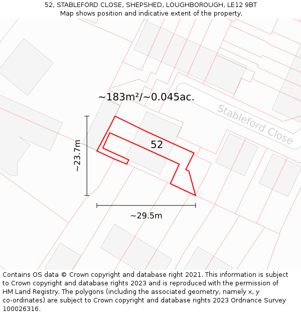 52, STABLEFORD CLOSE, SHEPSHED, LOUGHBOROUGH, LE12 9BT: Plot and title map