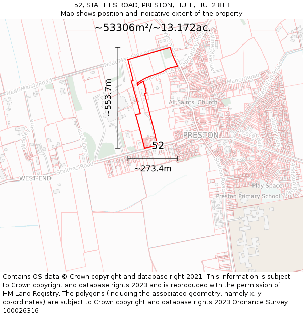 52, STAITHES ROAD, PRESTON, HULL, HU12 8TB: Plot and title map