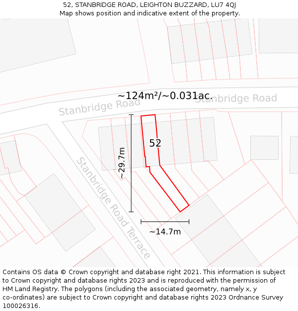 52, STANBRIDGE ROAD, LEIGHTON BUZZARD, LU7 4QJ: Plot and title map