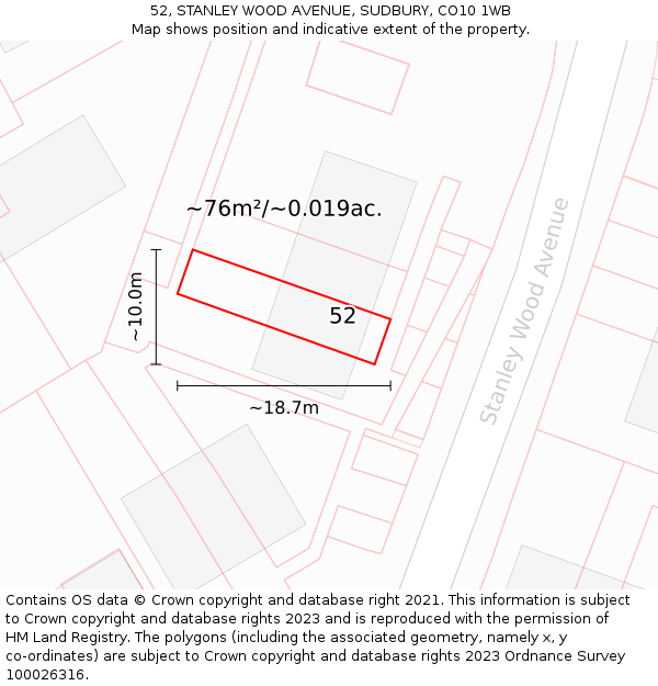 52, STANLEY WOOD AVENUE, SUDBURY, CO10 1WB: Plot and title map