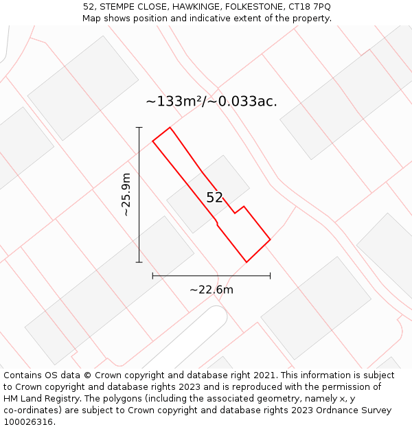 52, STEMPE CLOSE, HAWKINGE, FOLKESTONE, CT18 7PQ: Plot and title map