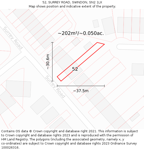 52, SURREY ROAD, SWINDON, SN2 1LX: Plot and title map