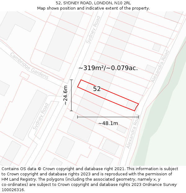 52, SYDNEY ROAD, LONDON, N10 2RL: Plot and title map