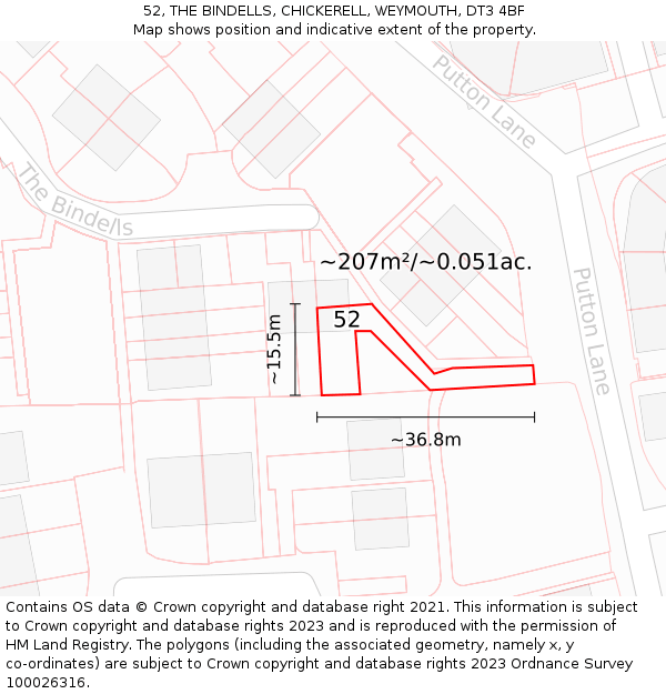 52, THE BINDELLS, CHICKERELL, WEYMOUTH, DT3 4BF: Plot and title map