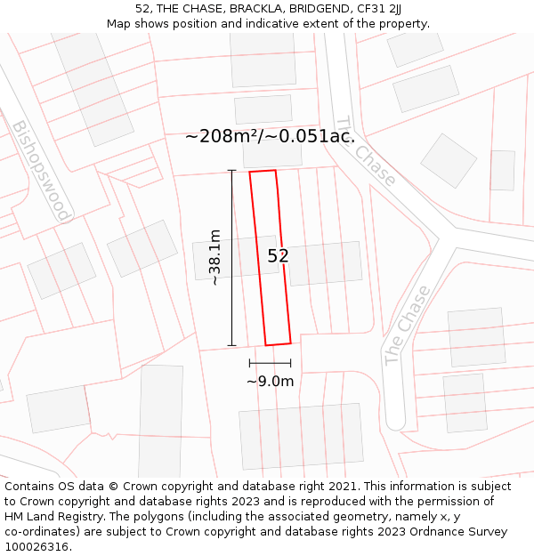 52, THE CHASE, BRACKLA, BRIDGEND, CF31 2JJ: Plot and title map