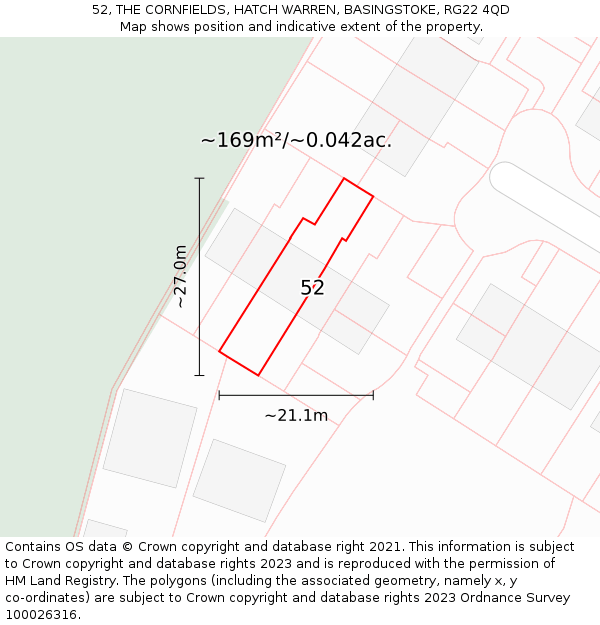 52, THE CORNFIELDS, HATCH WARREN, BASINGSTOKE, RG22 4QD: Plot and title map