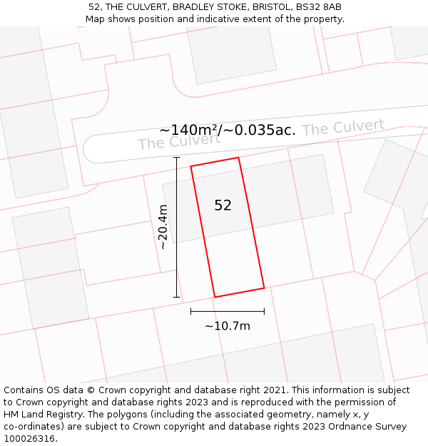 52, THE CULVERT, BRADLEY STOKE, BRISTOL, BS32 8AB: Plot and title map