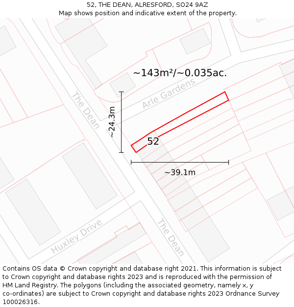 52, THE DEAN, ALRESFORD, SO24 9AZ: Plot and title map