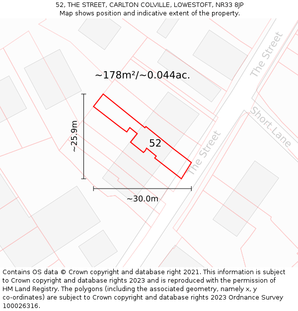 52, THE STREET, CARLTON COLVILLE, LOWESTOFT, NR33 8JP: Plot and title map