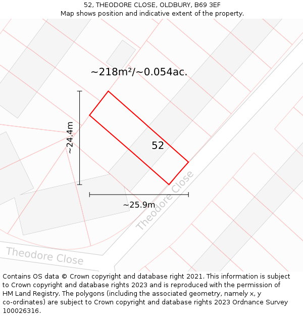 52, THEODORE CLOSE, OLDBURY, B69 3EF: Plot and title map