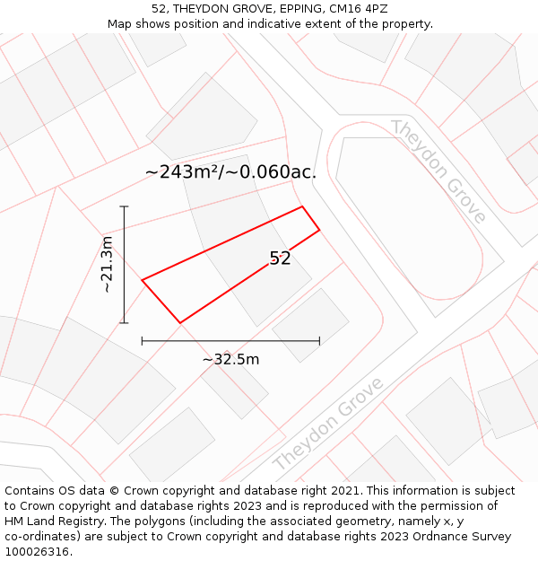 52, THEYDON GROVE, EPPING, CM16 4PZ: Plot and title map