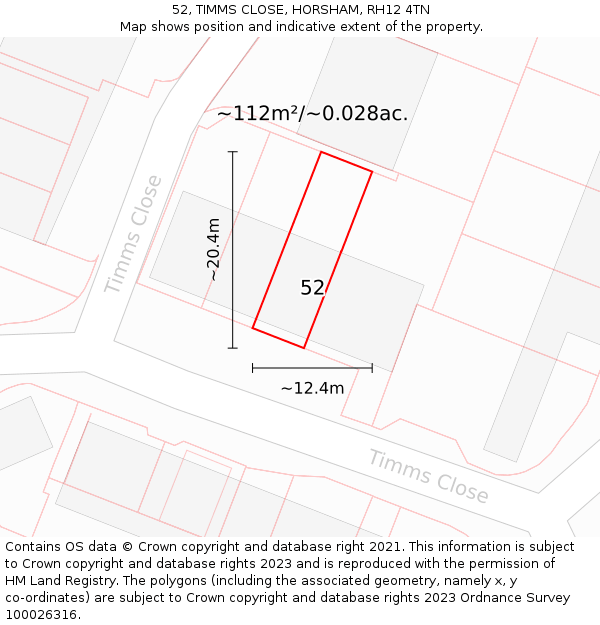 52, TIMMS CLOSE, HORSHAM, RH12 4TN: Plot and title map