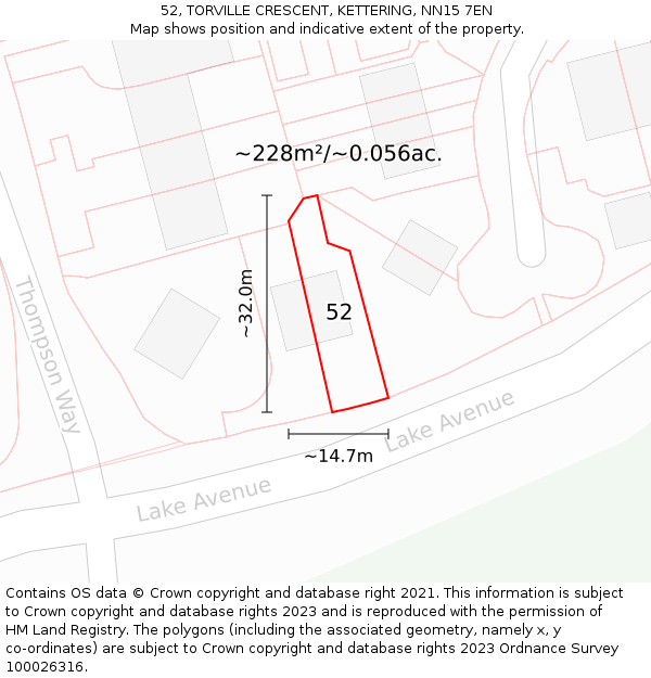 52, TORVILLE CRESCENT, KETTERING, NN15 7EN: Plot and title map