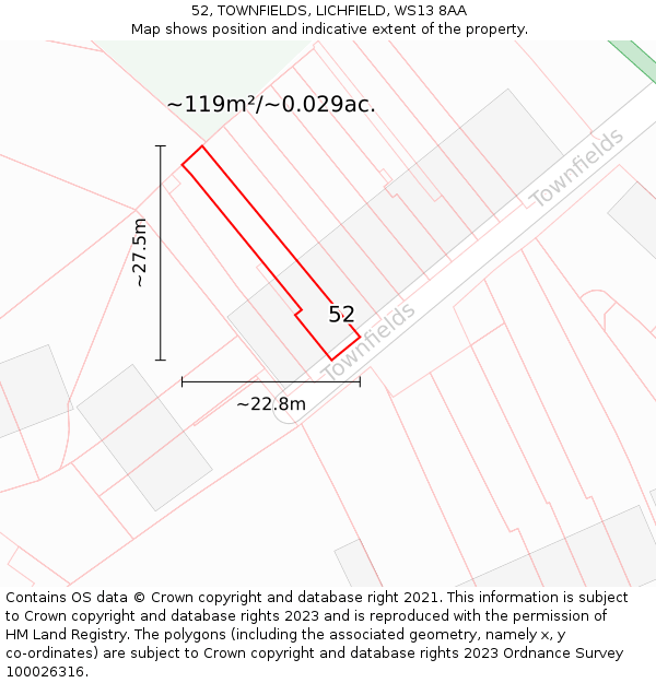 52, TOWNFIELDS, LICHFIELD, WS13 8AA: Plot and title map