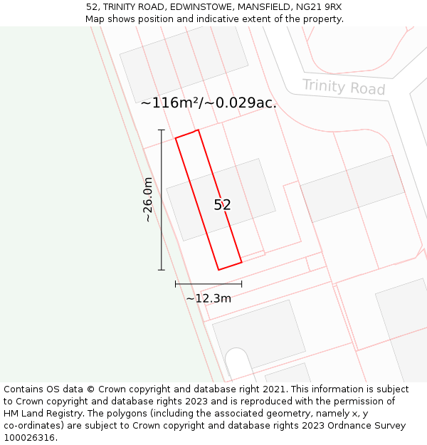 52, TRINITY ROAD, EDWINSTOWE, MANSFIELD, NG21 9RX: Plot and title map