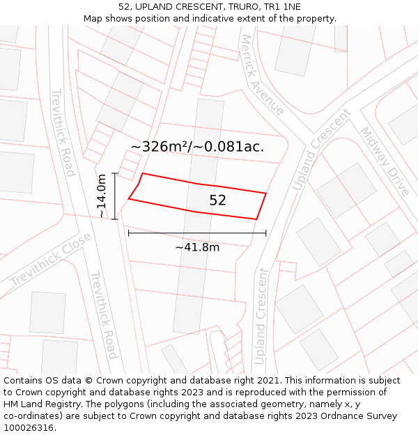 52, UPLAND CRESCENT, TRURO, TR1 1NE: Plot and title map