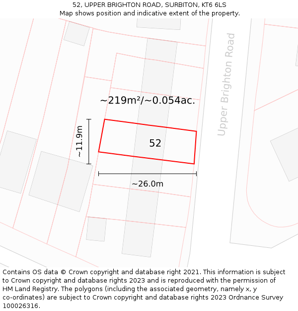 52, UPPER BRIGHTON ROAD, SURBITON, KT6 6LS: Plot and title map