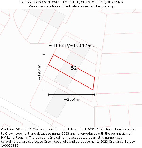 52, UPPER GORDON ROAD, HIGHCLIFFE, CHRISTCHURCH, BH23 5ND: Plot and title map
