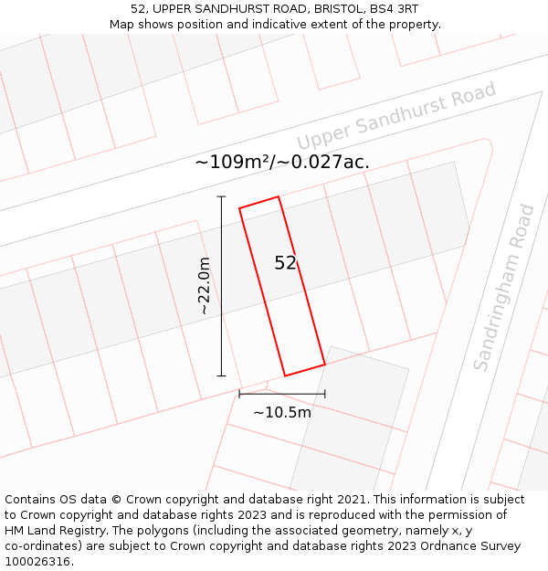 52, UPPER SANDHURST ROAD, BRISTOL, BS4 3RT: Plot and title map