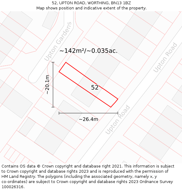 52, UPTON ROAD, WORTHING, BN13 1BZ: Plot and title map