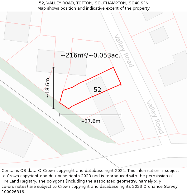 52, VALLEY ROAD, TOTTON, SOUTHAMPTON, SO40 9FN: Plot and title map