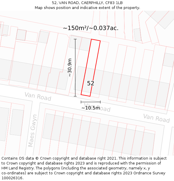 52, VAN ROAD, CAERPHILLY, CF83 1LB: Plot and title map