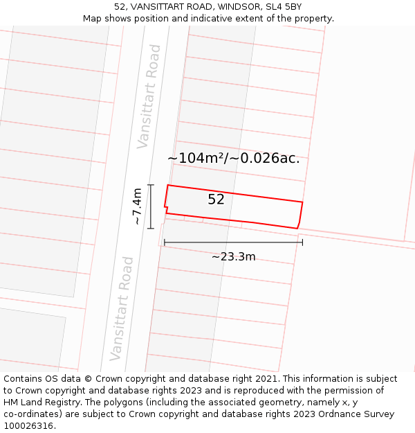 52, VANSITTART ROAD, WINDSOR, SL4 5BY: Plot and title map