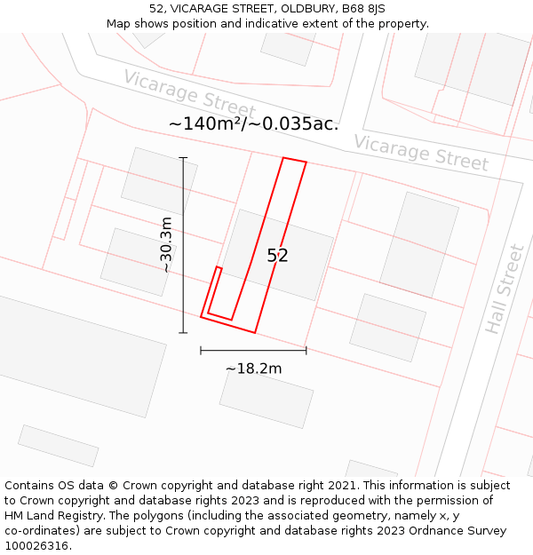 52, VICARAGE STREET, OLDBURY, B68 8JS: Plot and title map
