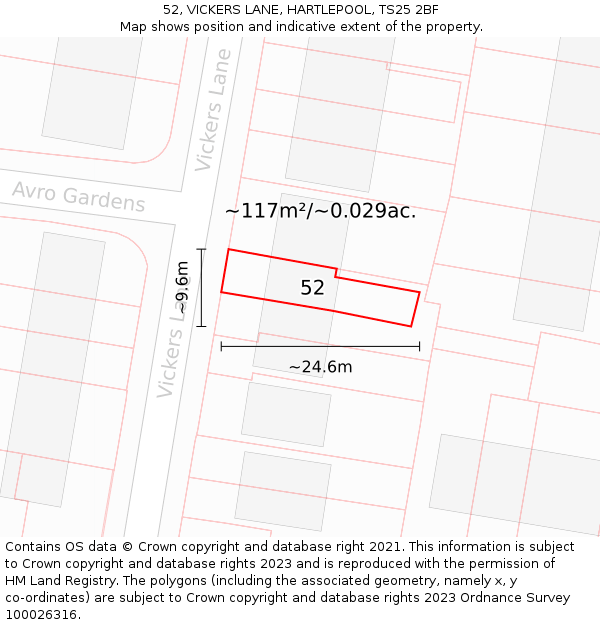 52, VICKERS LANE, HARTLEPOOL, TS25 2BF: Plot and title map