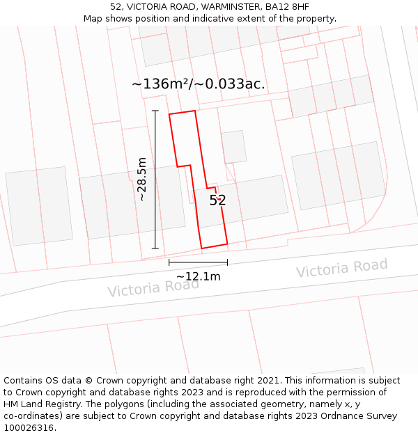 52, VICTORIA ROAD, WARMINSTER, BA12 8HF: Plot and title map